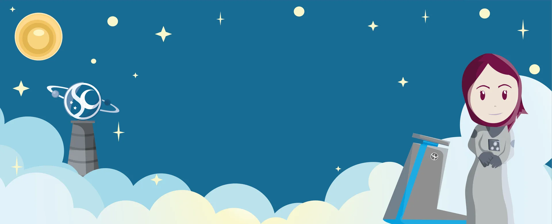 Space-themed illustration with sun, tower, and character representing creative game development